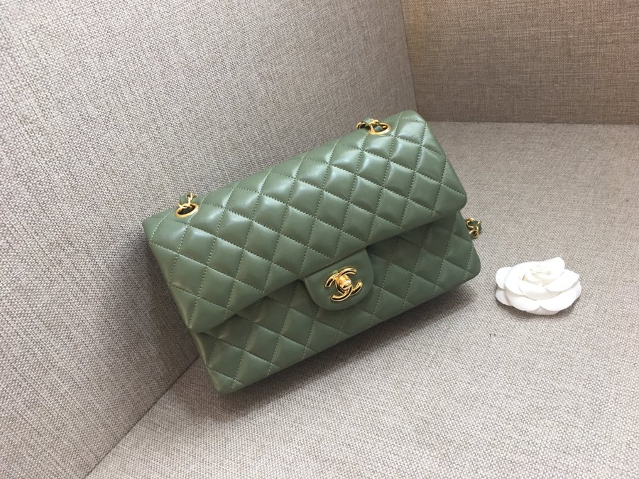 Medium Classic Flap Lambskin Bag AO1112 Dark Green/Gold